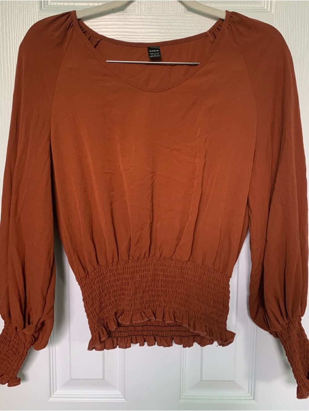 Rust Smocked-Waist Long Sleeve Crop Top